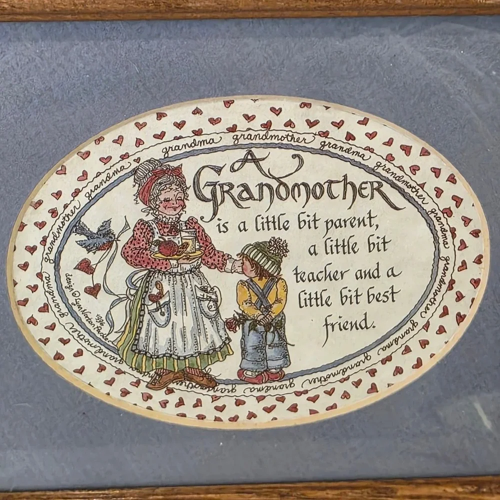 Vintage 1996 Framed Grandmother Hearts Blue Gift Art Print Calligraphy 8.75x7 in